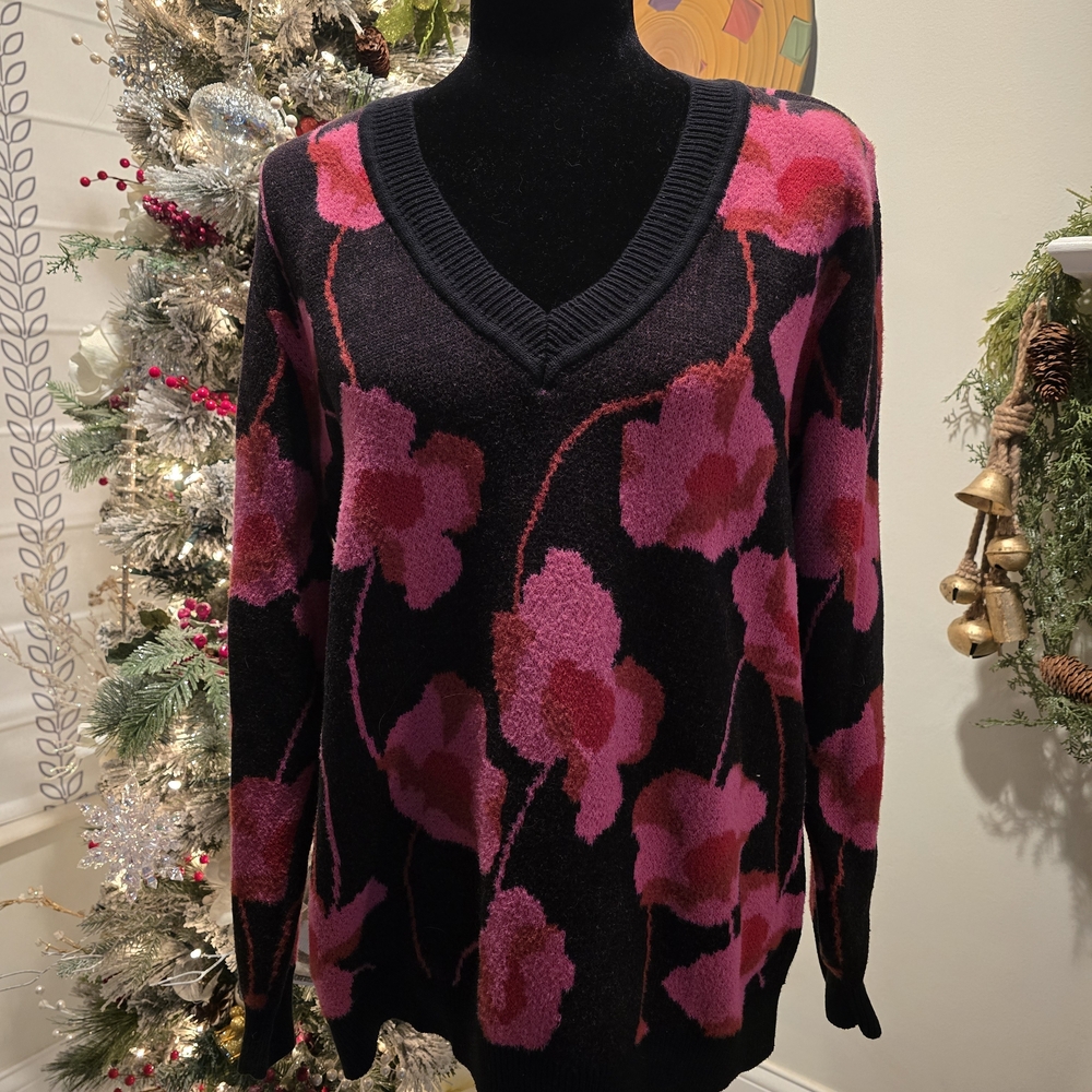 CAbi Black and Pink Floral V-Neck Sweater